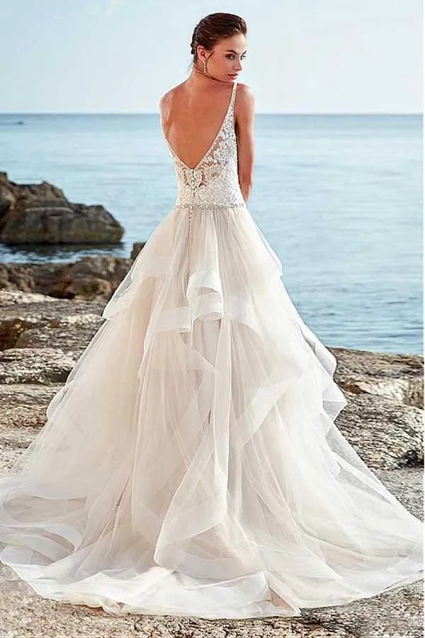 Roycebridal Tulle A-line Beaded Spaghetti Straps Backless Wedding Dress, Bridal Gown, MW734