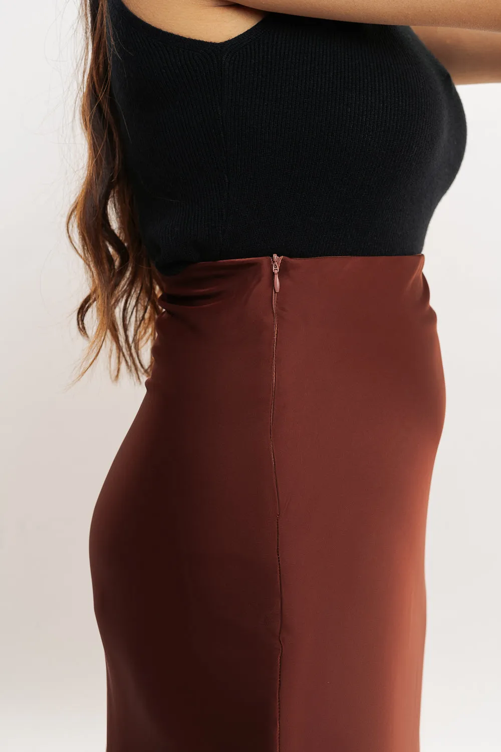Rust Brown Satin Long Skirt