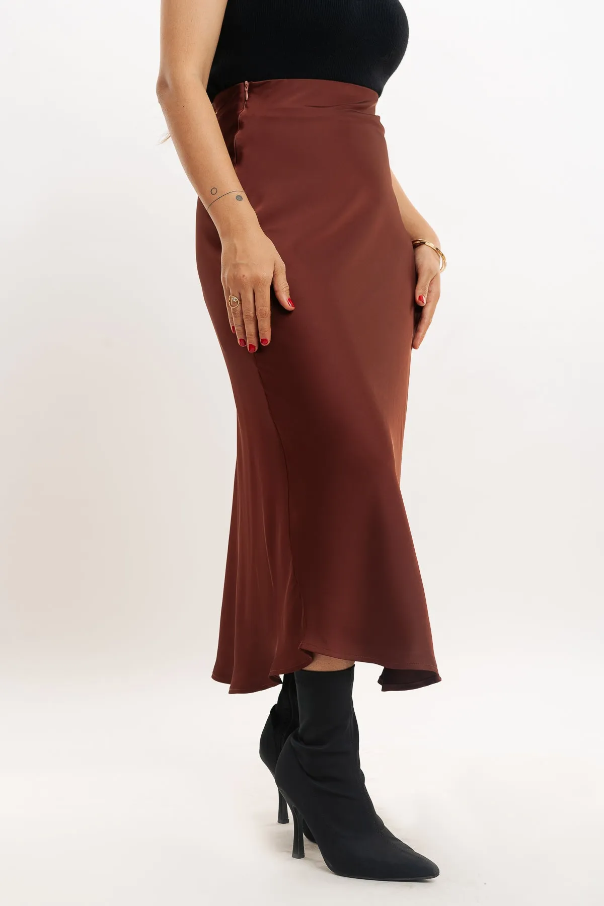 Rust Brown Satin Long Skirt