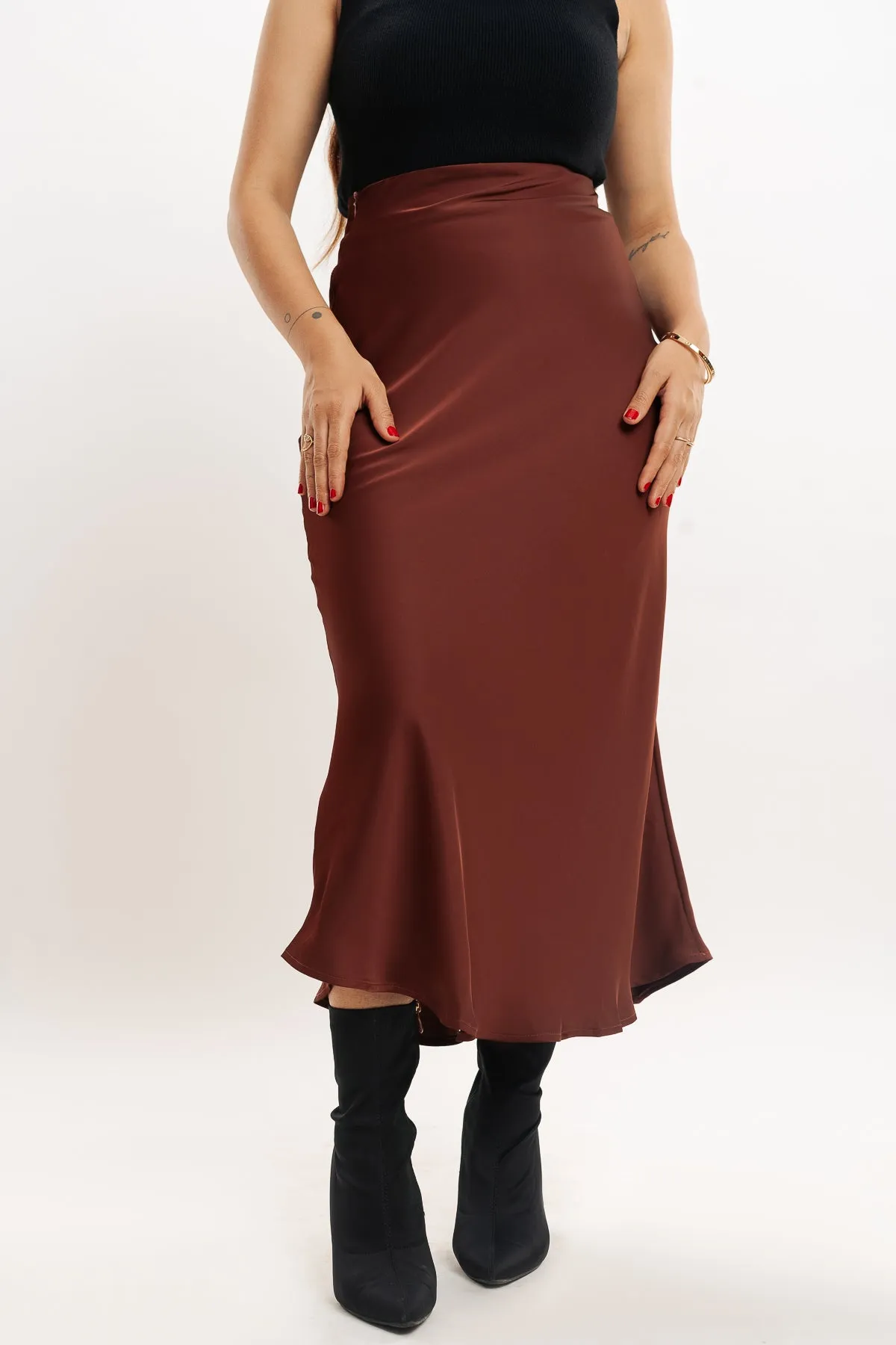 Rust Brown Satin Long Skirt
