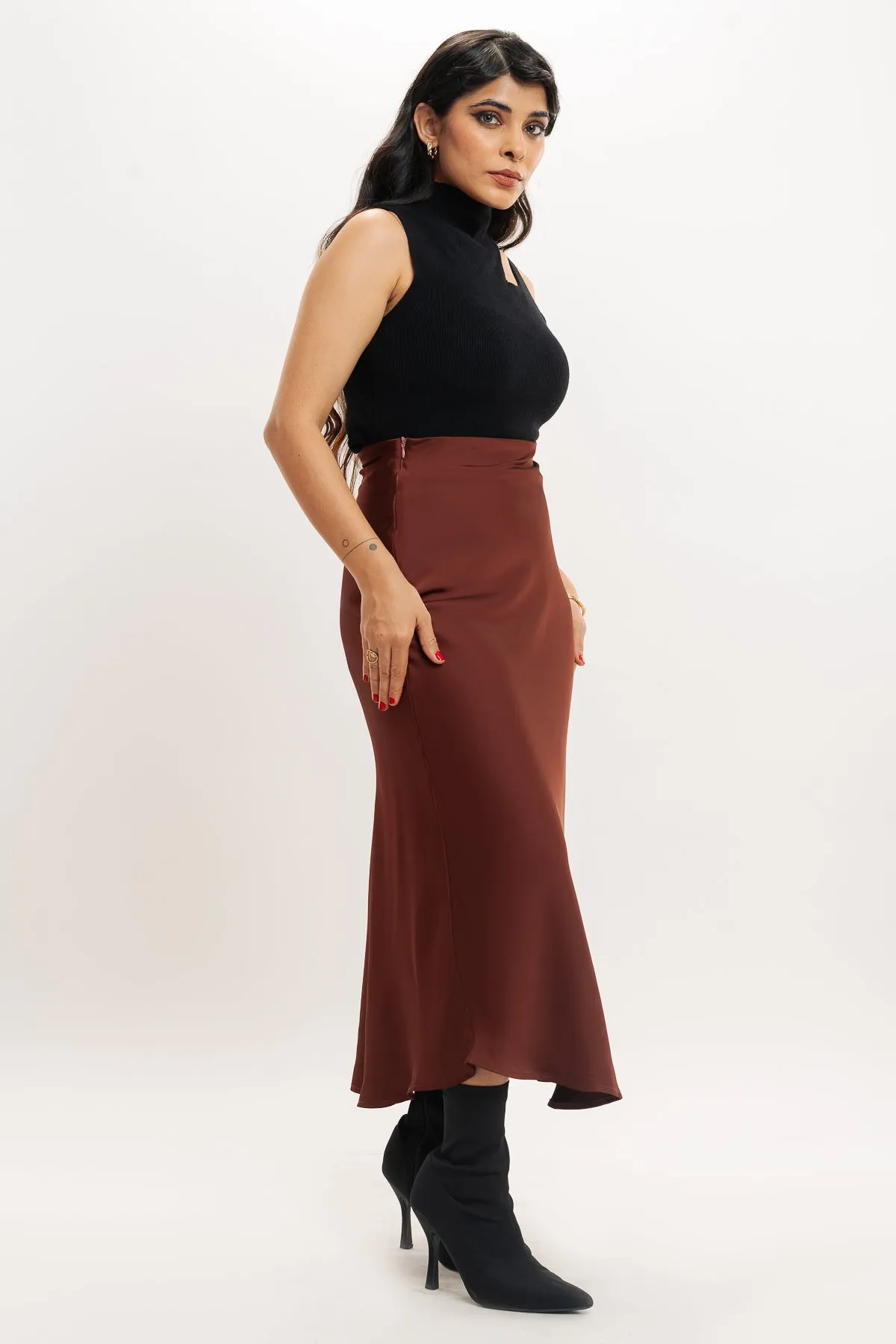 Rust Brown Satin Long Skirt