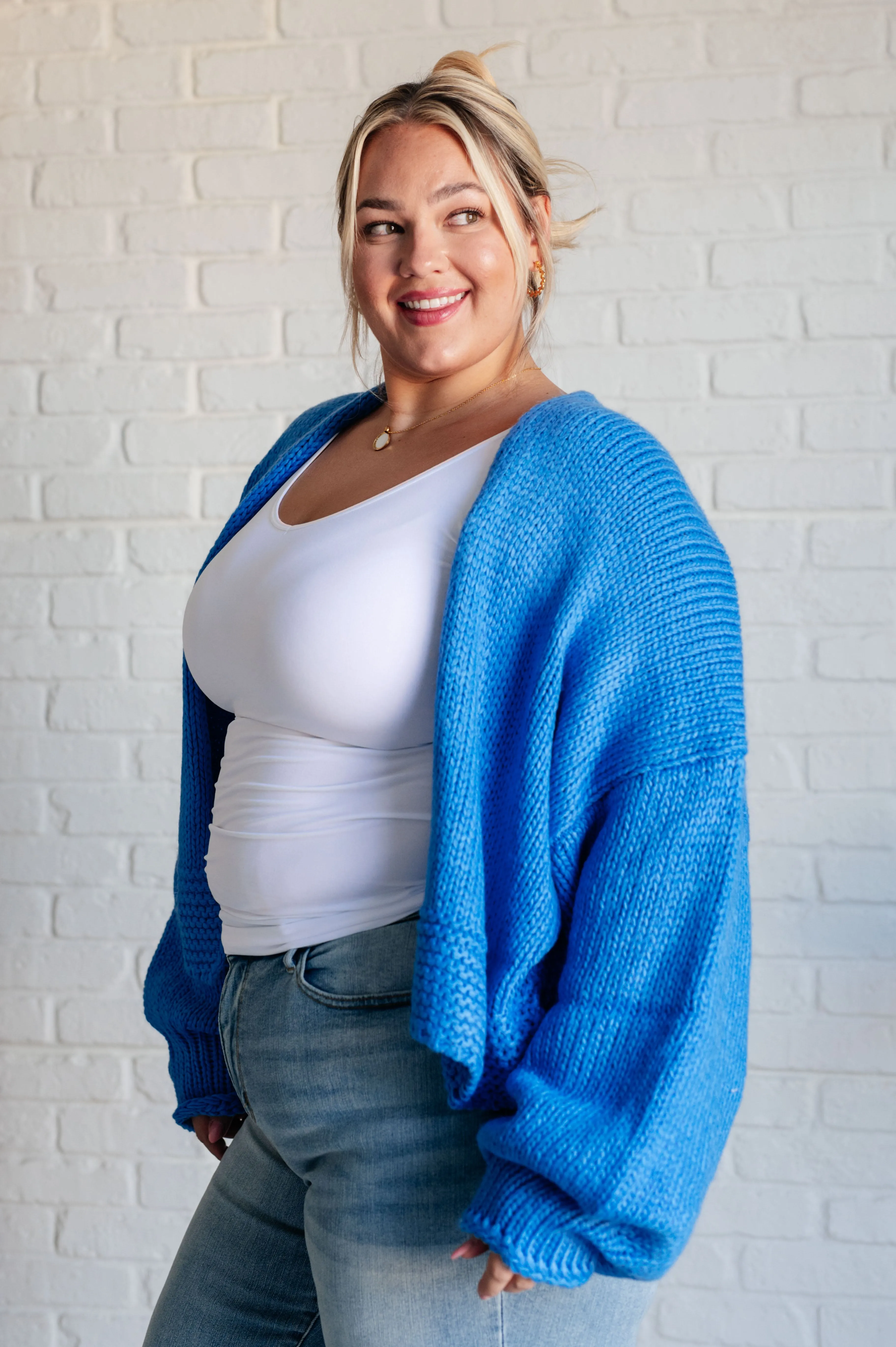 Salem Open Front Cardigan – Balloon Sleeve Sweater in Blue