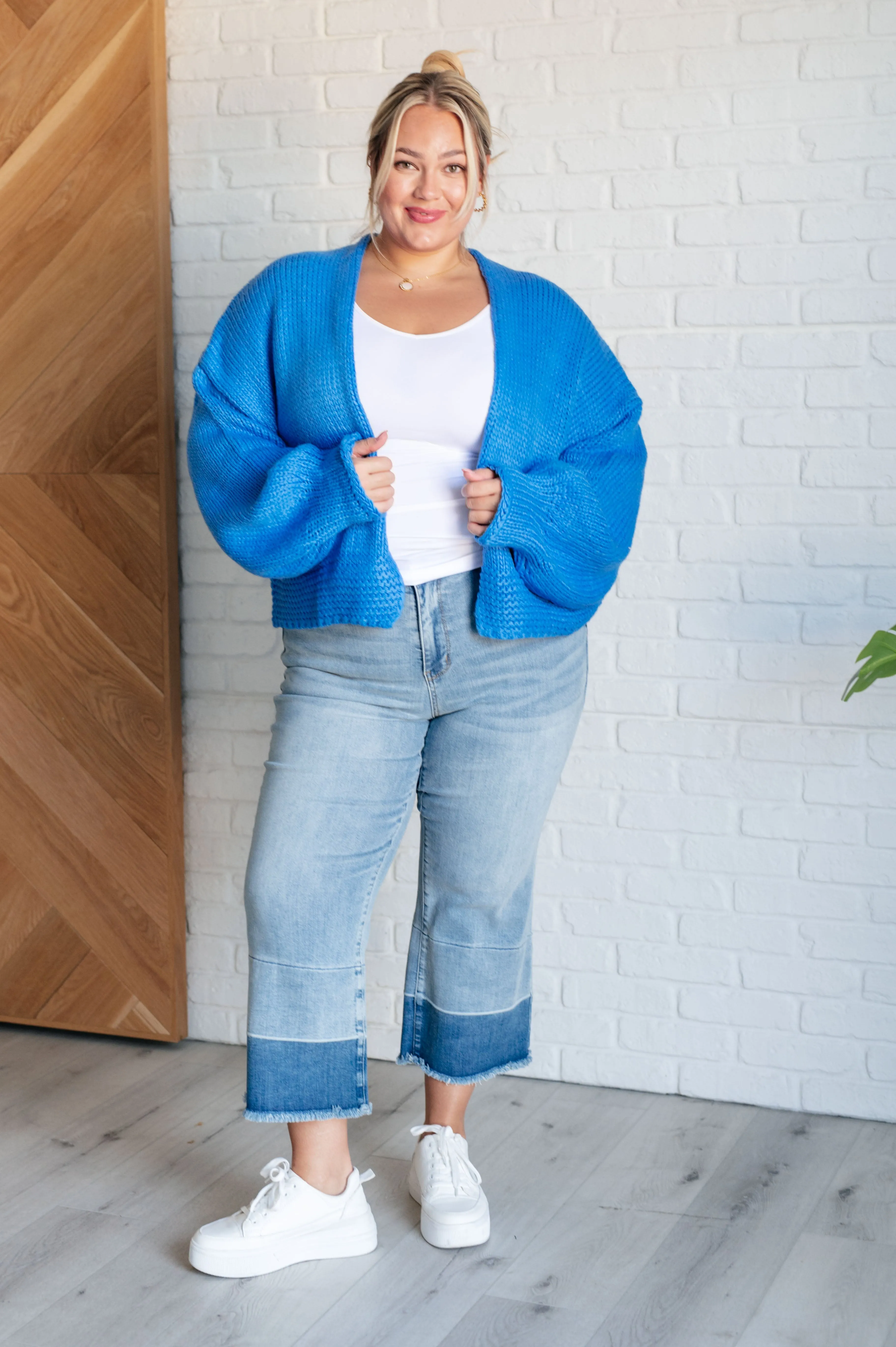 Salem Open Front Cardigan – Balloon Sleeve Sweater in Blue