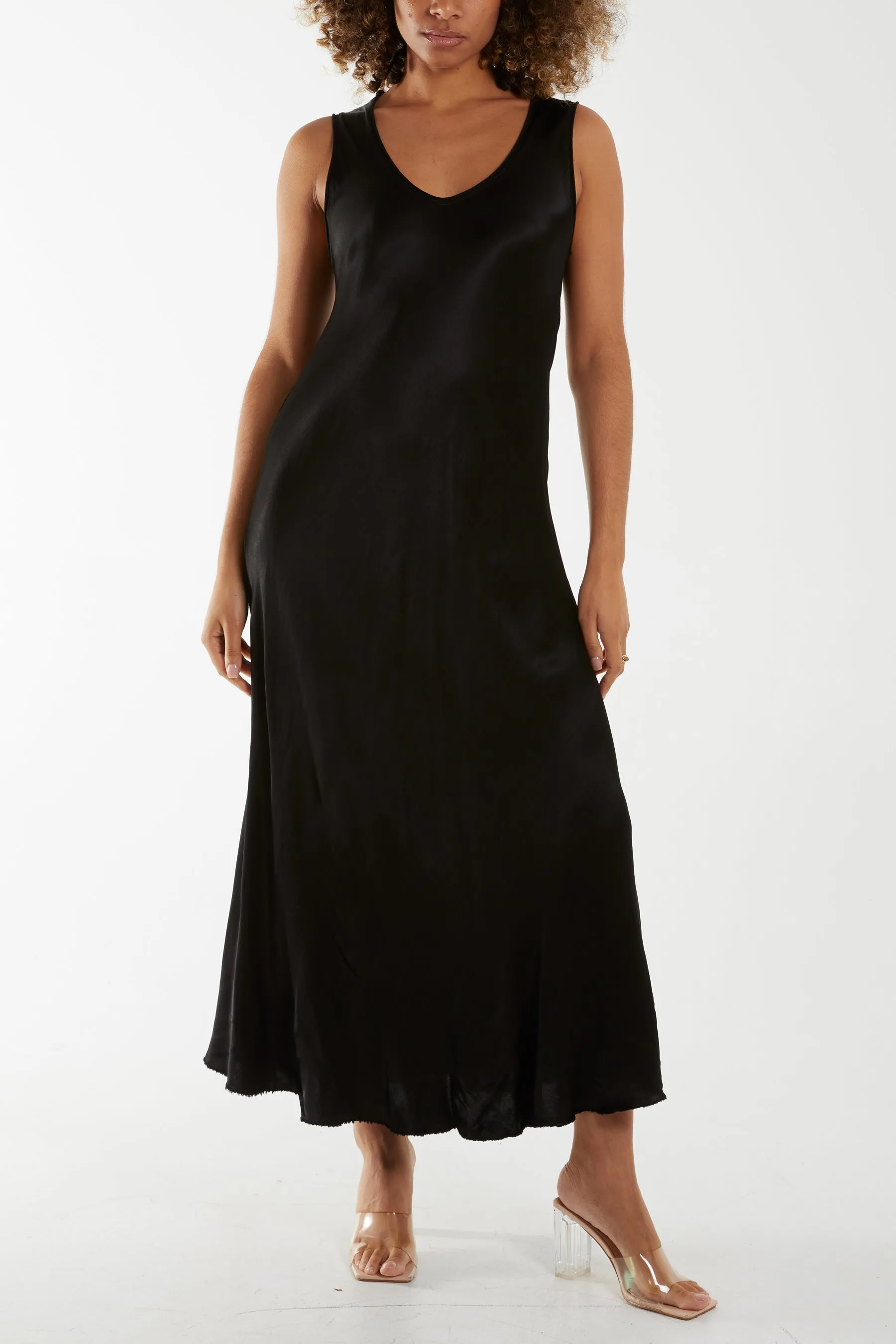 Satin Bias Cut V Neck Maxi Dress