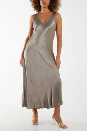Satin Bias Cut V Neck Maxi Dress