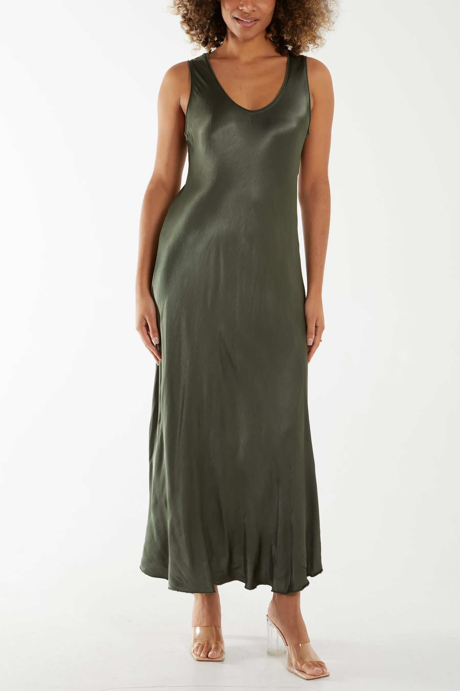 Satin Bias Cut V Neck Maxi Dress