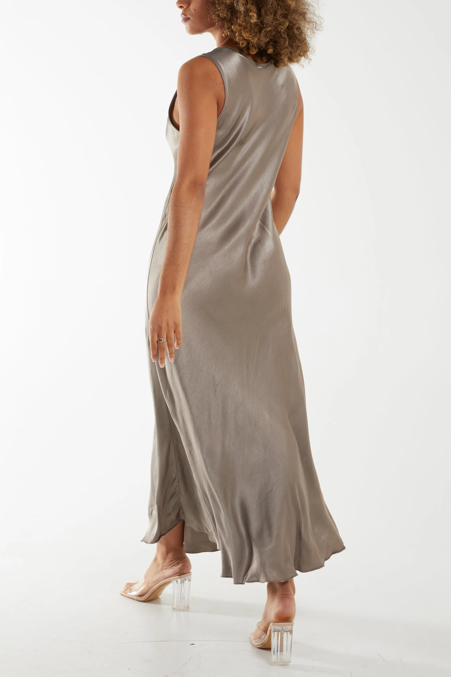 Satin Bias Cut V Neck Maxi Dress