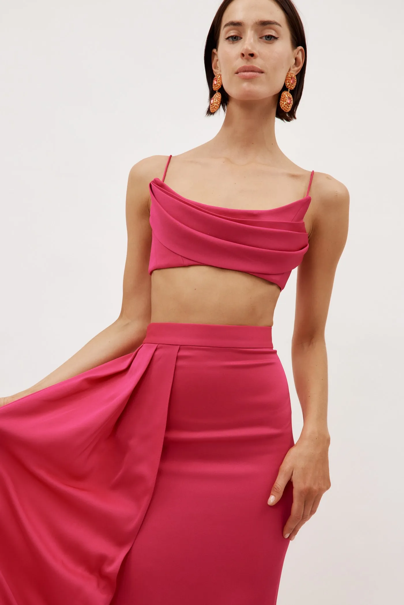 Satin Crepe Column Raspberry Skirt with Sash