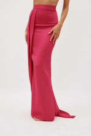 Satin Crepe Column Raspberry Skirt with Sash