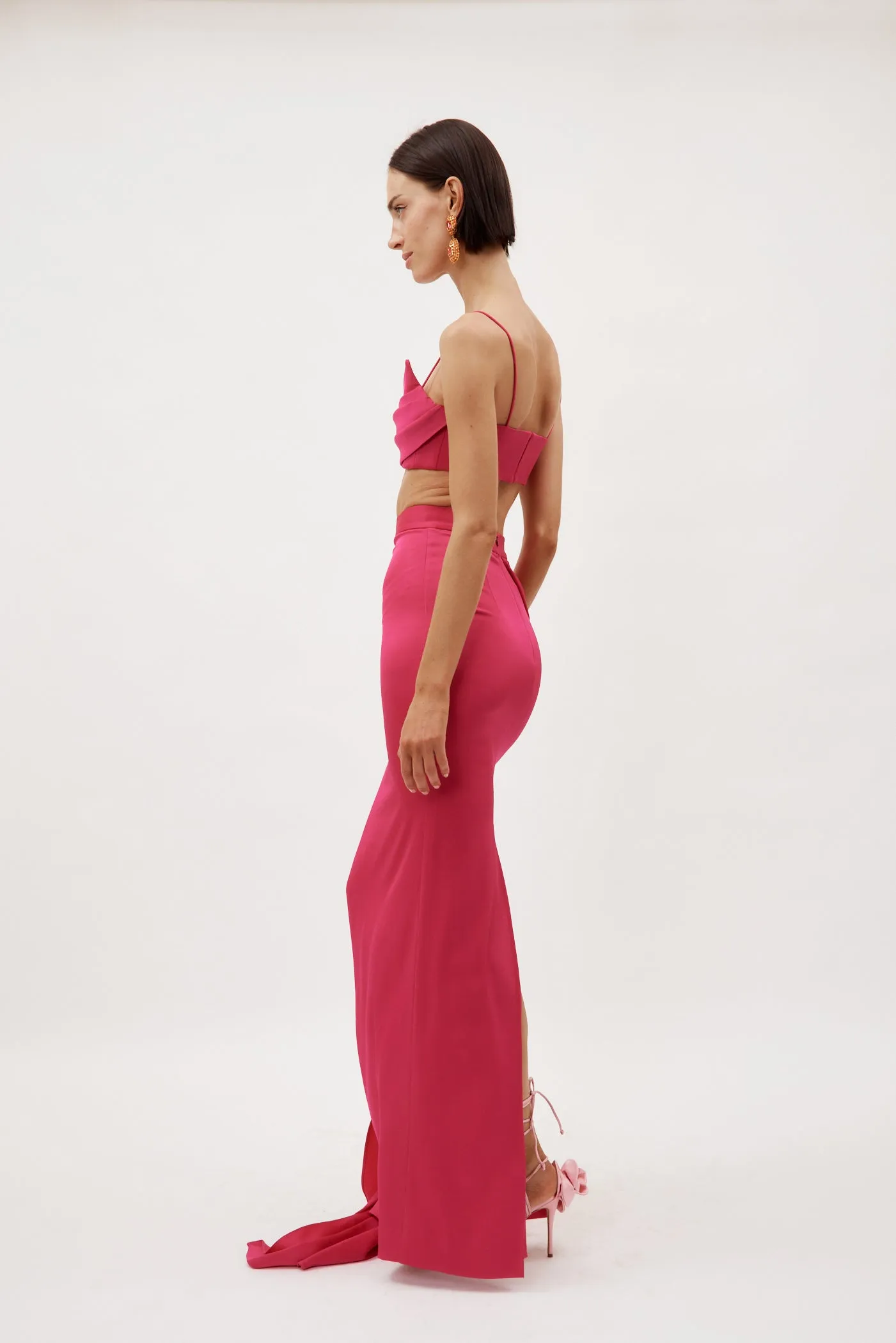 Satin Crepe Column Raspberry Skirt with Sash