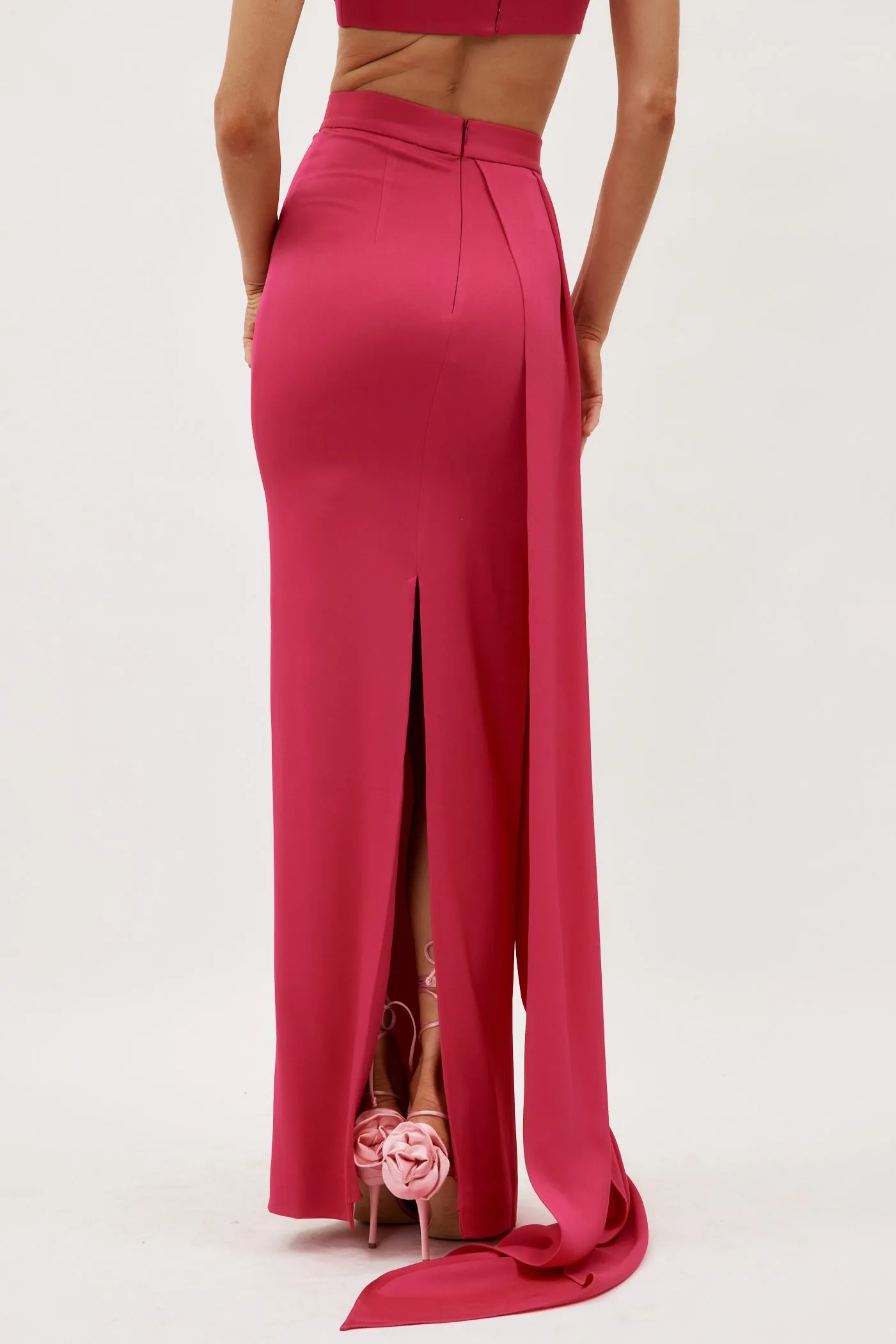 Satin Crepe Column Raspberry Skirt with Sash