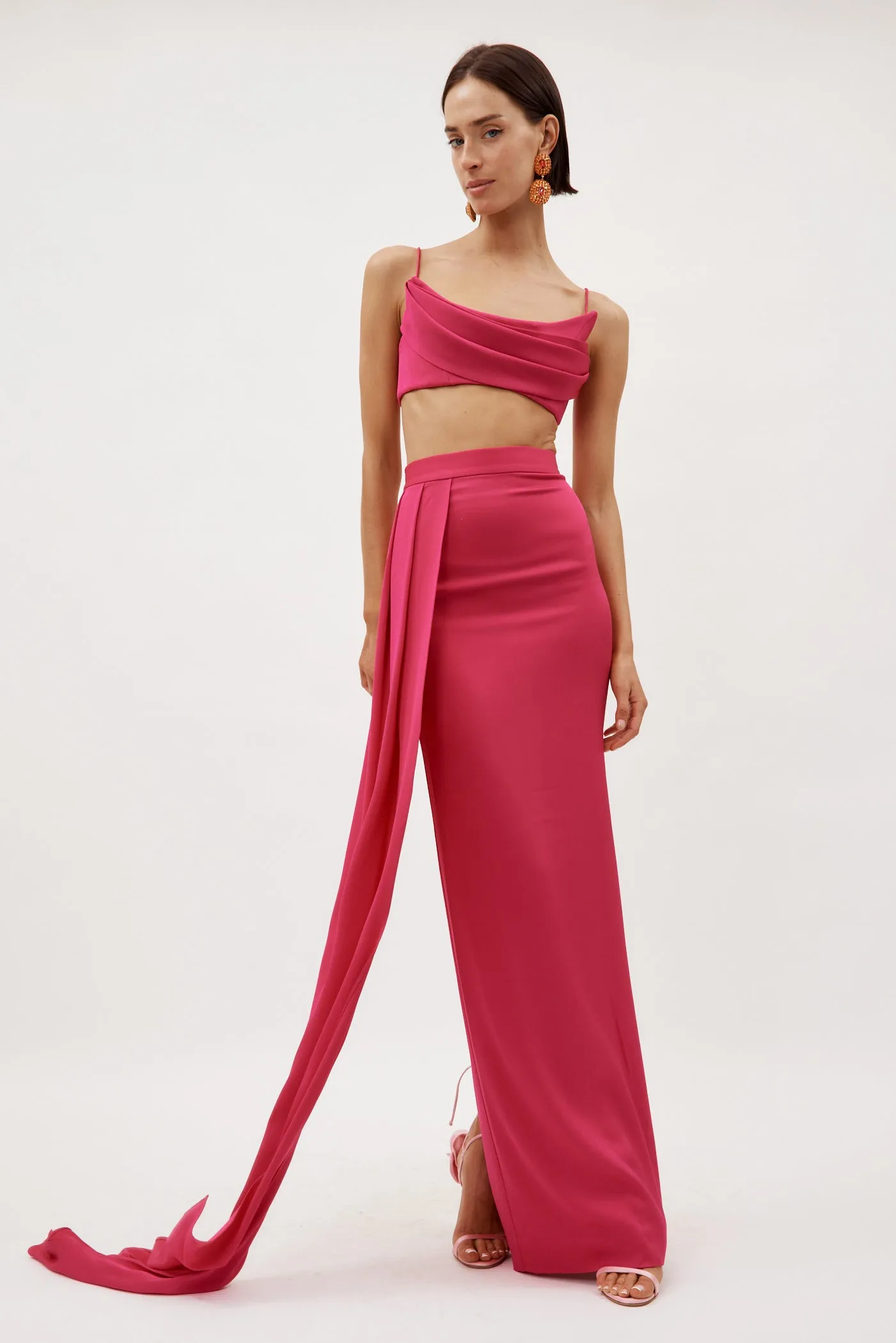 Satin Crepe Column Raspberry Skirt with Sash