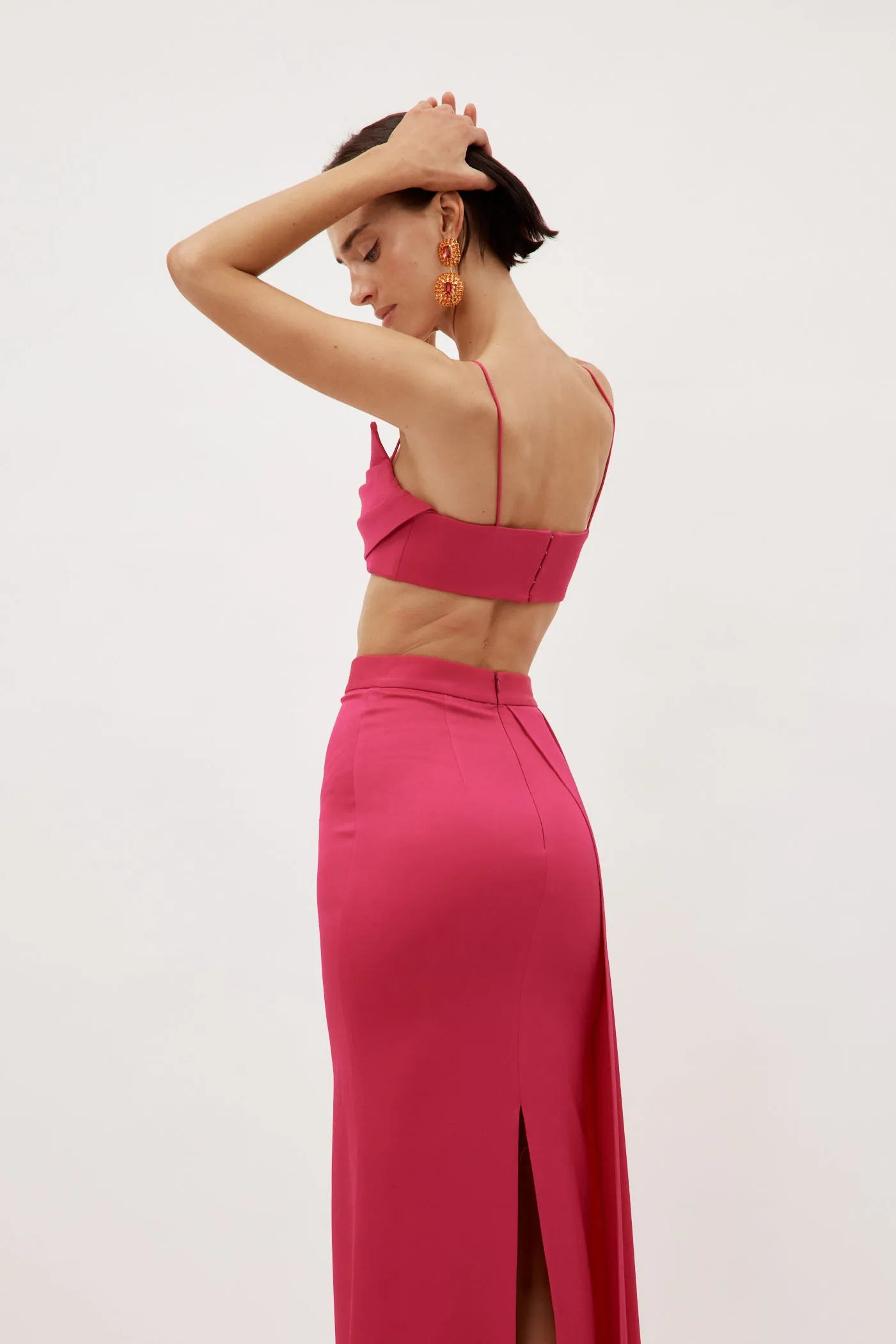 Satin Crepe Column Raspberry Skirt with Sash