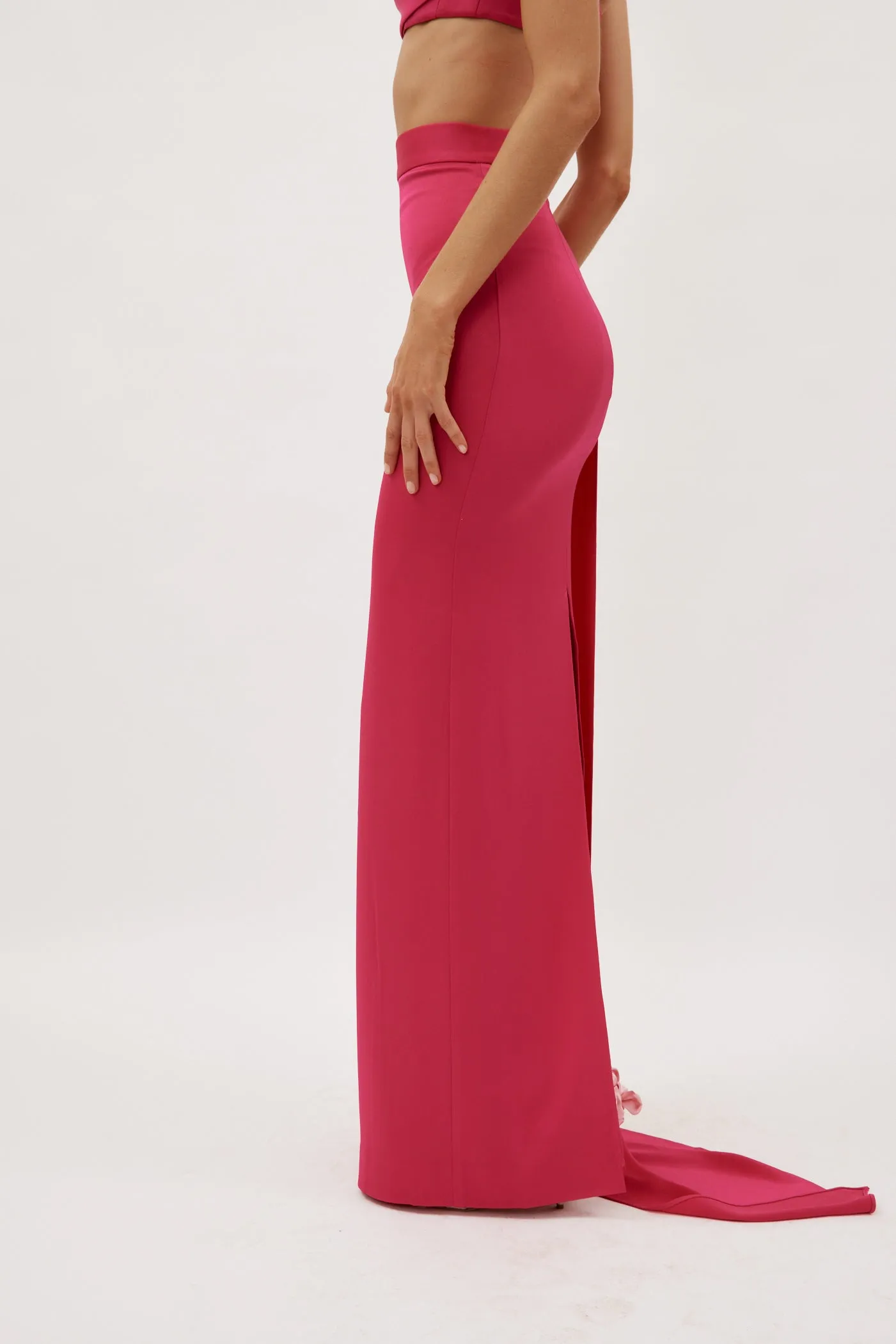 Satin Crepe Column Raspberry Skirt with Sash