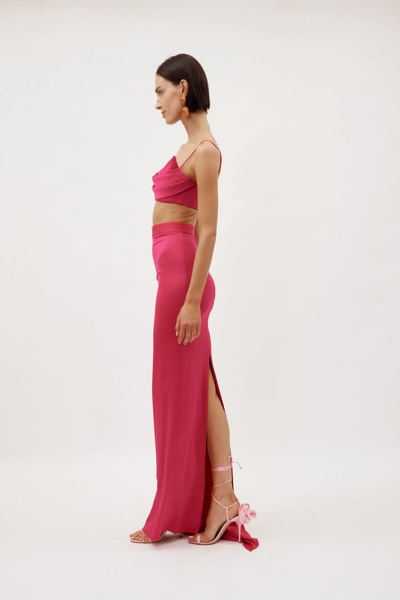 Satin Crepe Column Raspberry Skirt with Sash