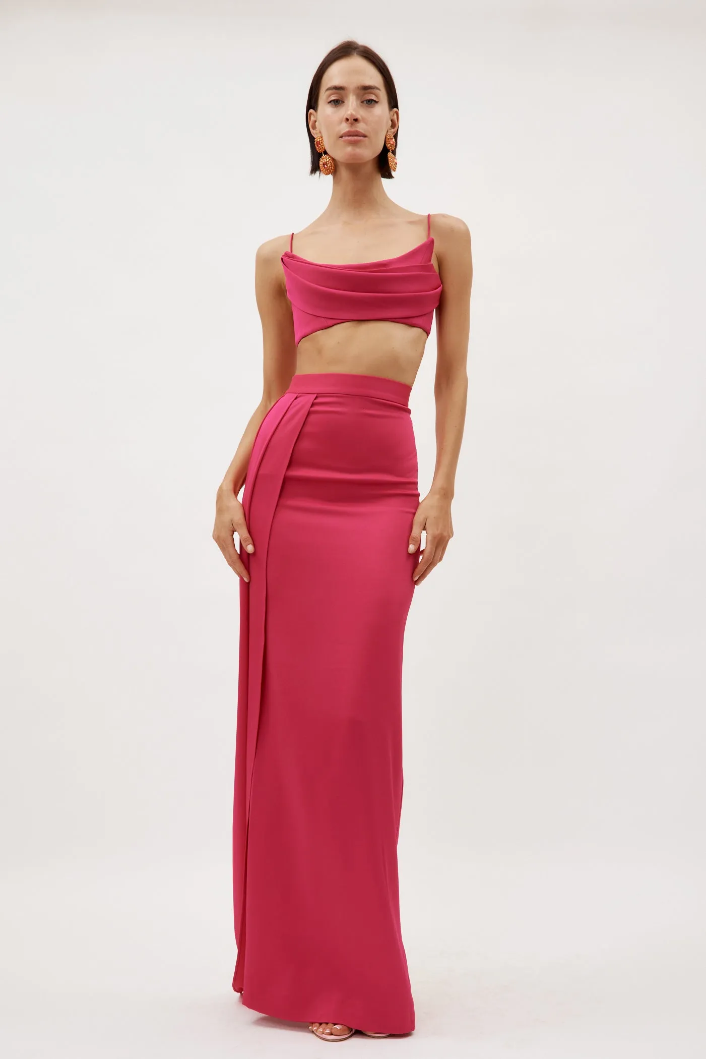 Satin Crepe Column Raspberry Skirt with Sash