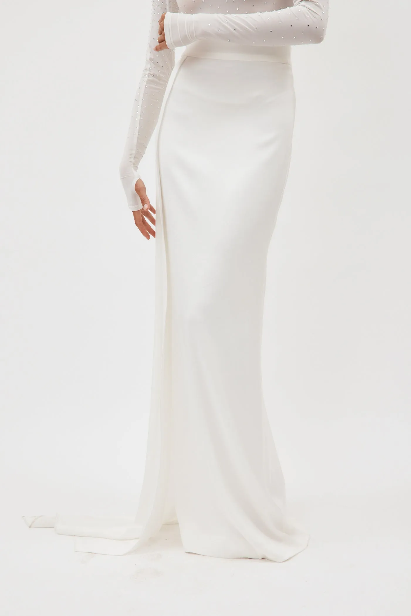 Satin Crepe Column White Skirt with Sash