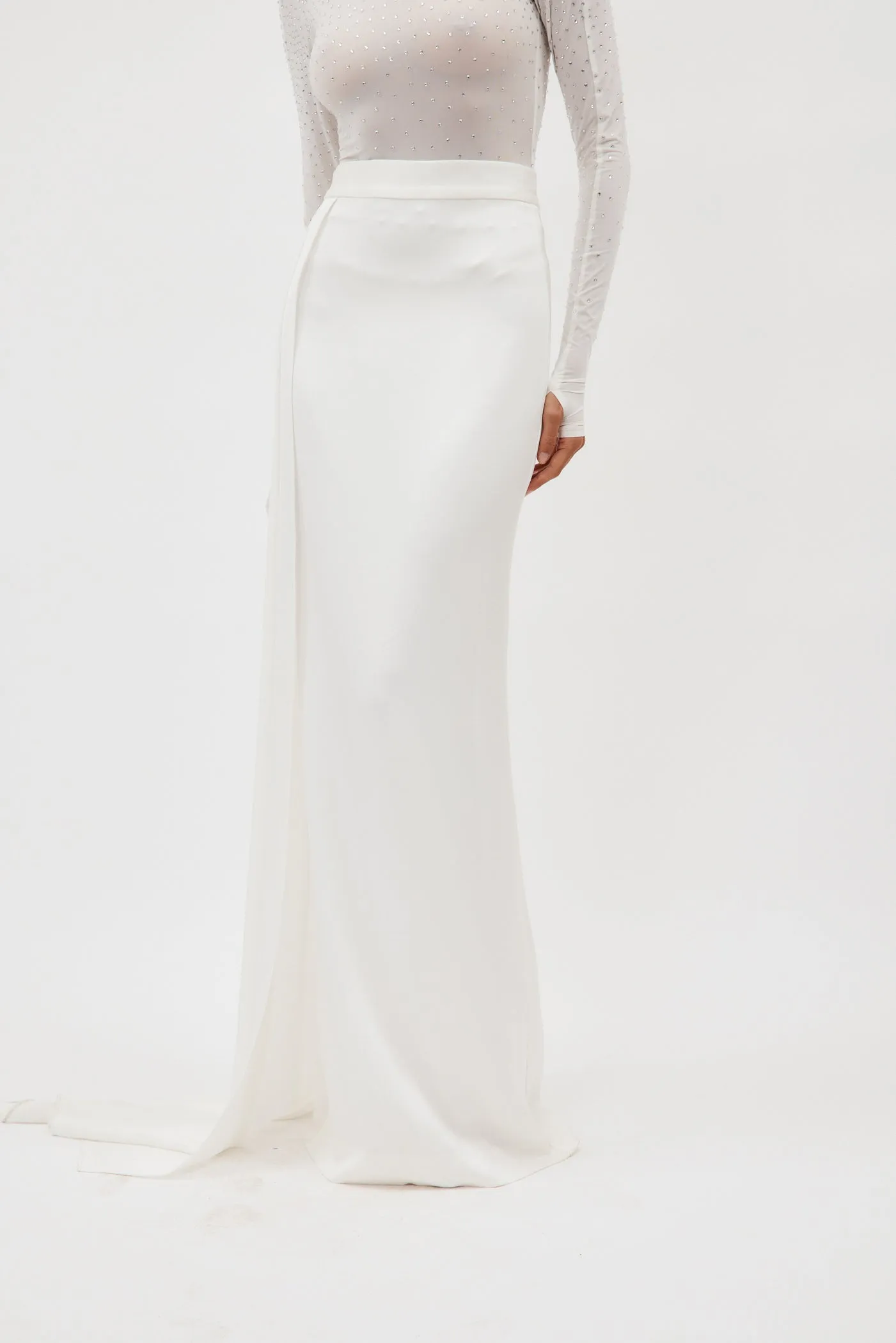 Satin Crepe Column White Skirt with Sash