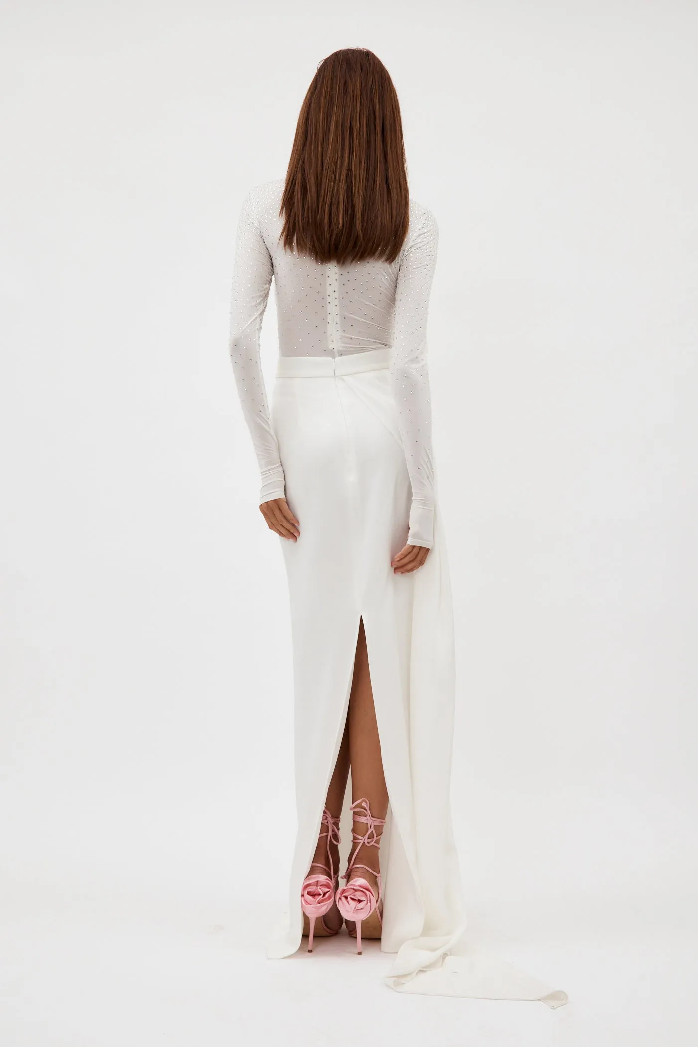 Satin Crepe Column White Skirt with Sash