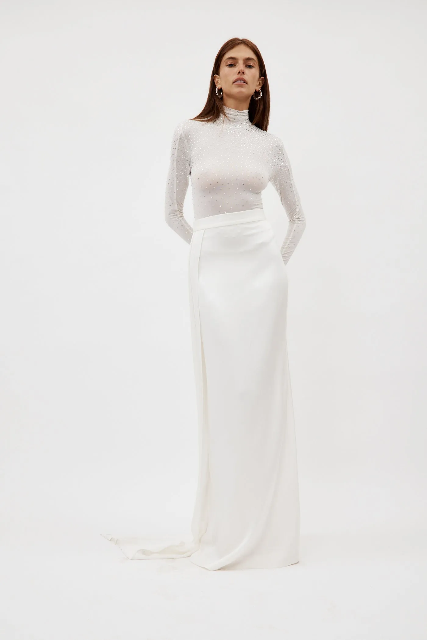Satin Crepe Column White Skirt with Sash