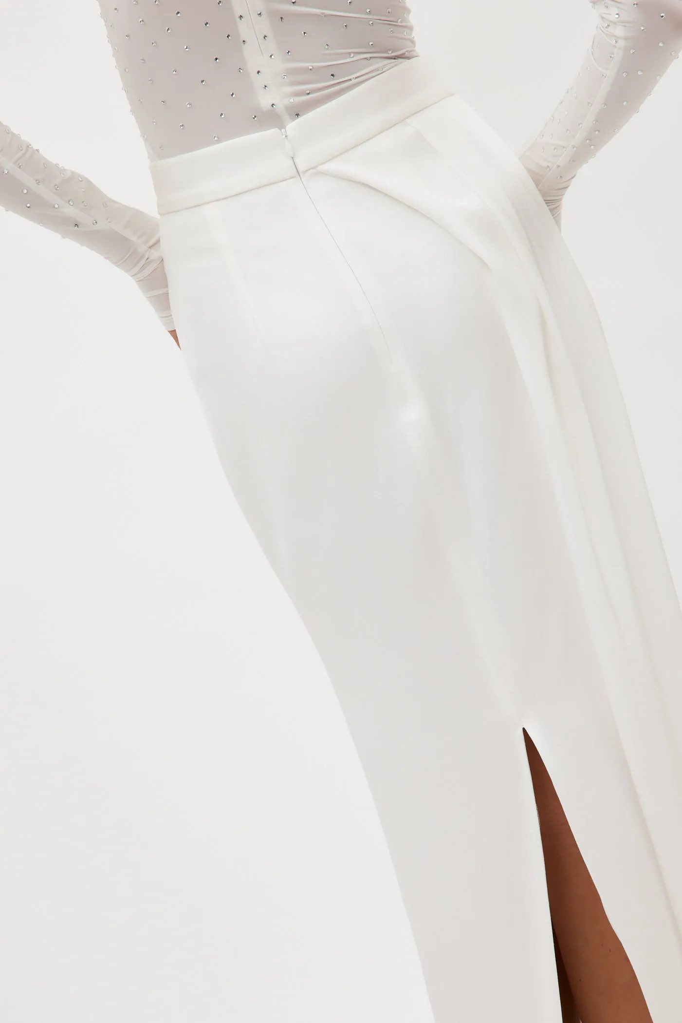 Satin Crepe Column White Skirt with Sash