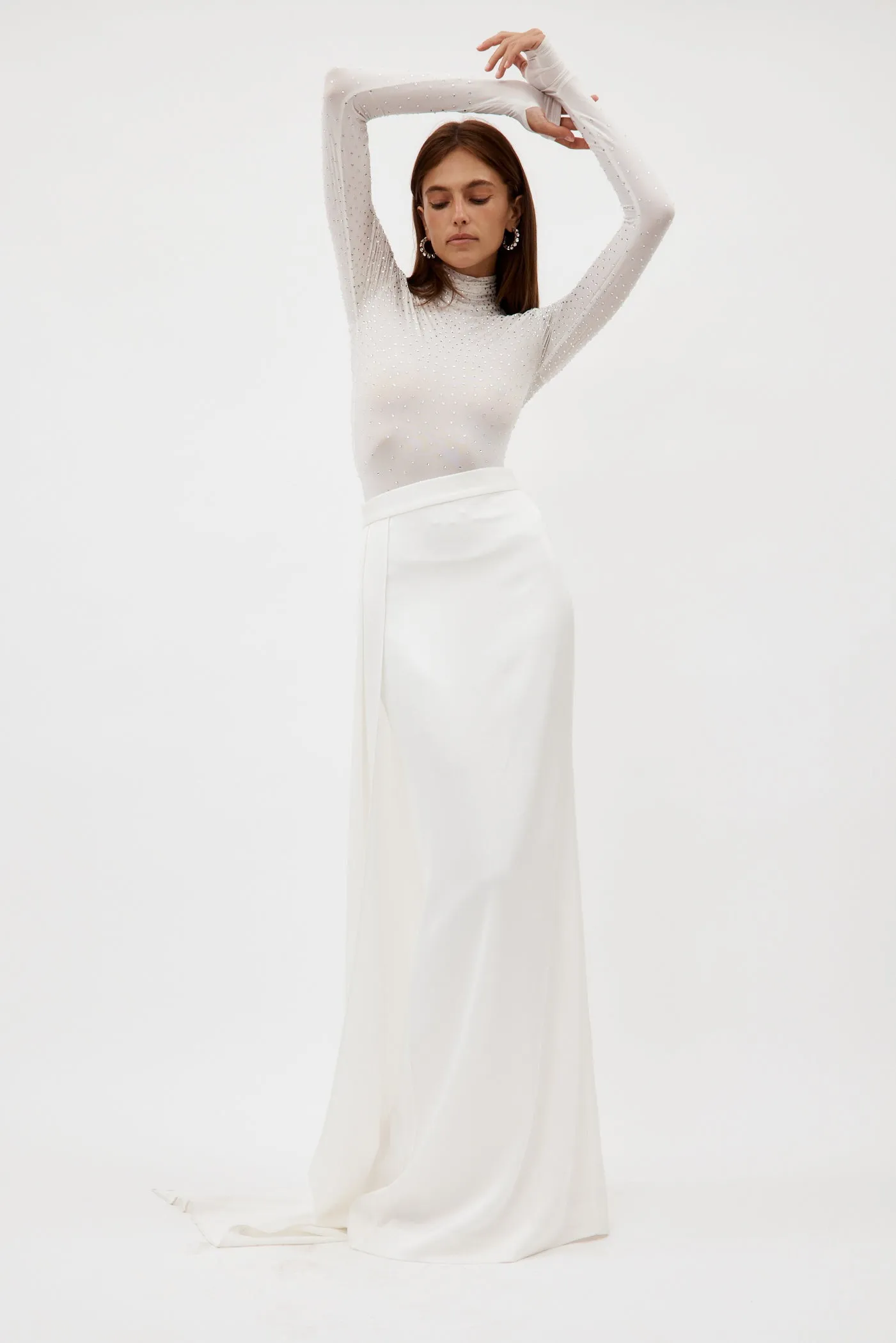 Satin Crepe Column White Skirt with Sash