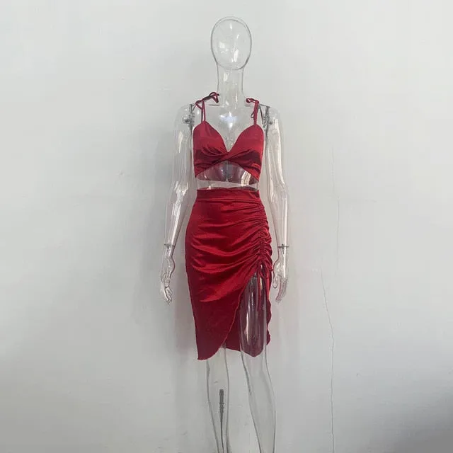 Satin Hot Sexy Two Piece Top and Skirt Set Women Outfits Matching Sets Drawstring Ruched Split High Waist Skirts