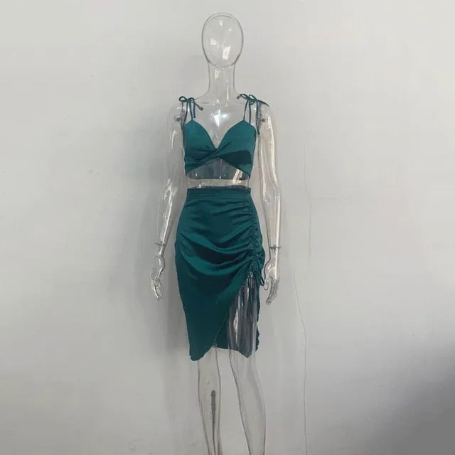 Satin Hot Sexy Two Piece Top and Skirt Set Women Outfits Matching Sets Drawstring Ruched Split High Waist Skirts