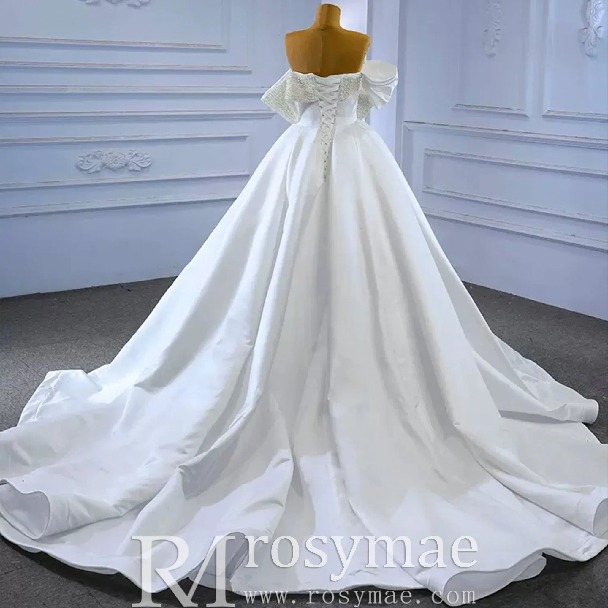 Satin Overskirt Pearl Wedding Dress Off the Shoulder Bridal Gown