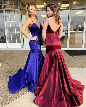 Sexy 2019 Burgundy Mermaid Prom Dresses with Spaghetti Straps Satin Long Party Gowns