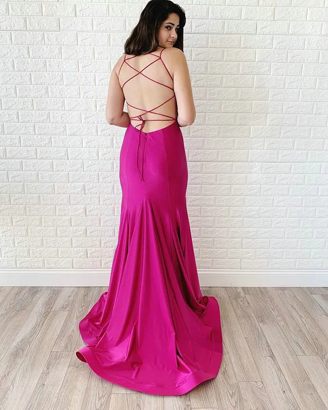 Sexy 2019 Fuchsia Mermaid Prom Dresses with V-Neck Long Prom Party Gowns