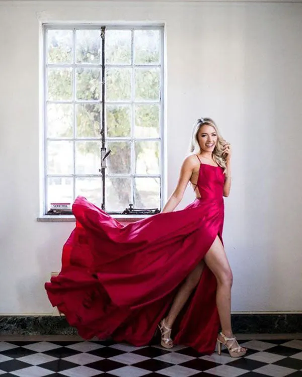 Sexy Burgundy Criss-Cross Straps Prom Dress Ruffles Sexy Split Side Long Party Gowns 2018