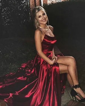 Sexy Burgundy Criss-Cross Straps Prom Dress Ruffles Sexy Split Side Long Party Gowns 2018