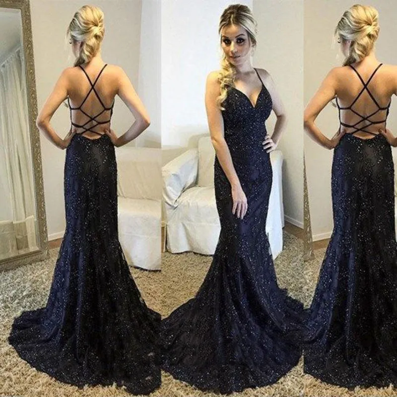 Sexy Criss-Cross Straps Mermaid Prom Dresses Lace Beadings Long Formal Party Gowns