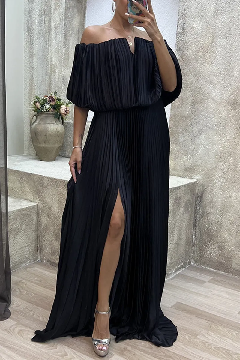 Sexy Formal Solid Slit Fold Off the Shoulder Evening Dresses