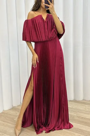 Sexy Formal Solid Slit Fold Off the Shoulder Evening Dresses