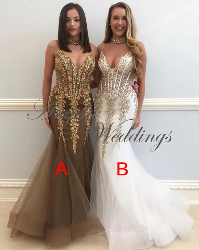 Sexy Gold Lace Mermaid Evening Dresses 2018 with Spaghetti