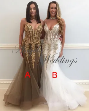 Sexy Gold Lace Mermaid Evening Dresses 2018 with Spaghetti