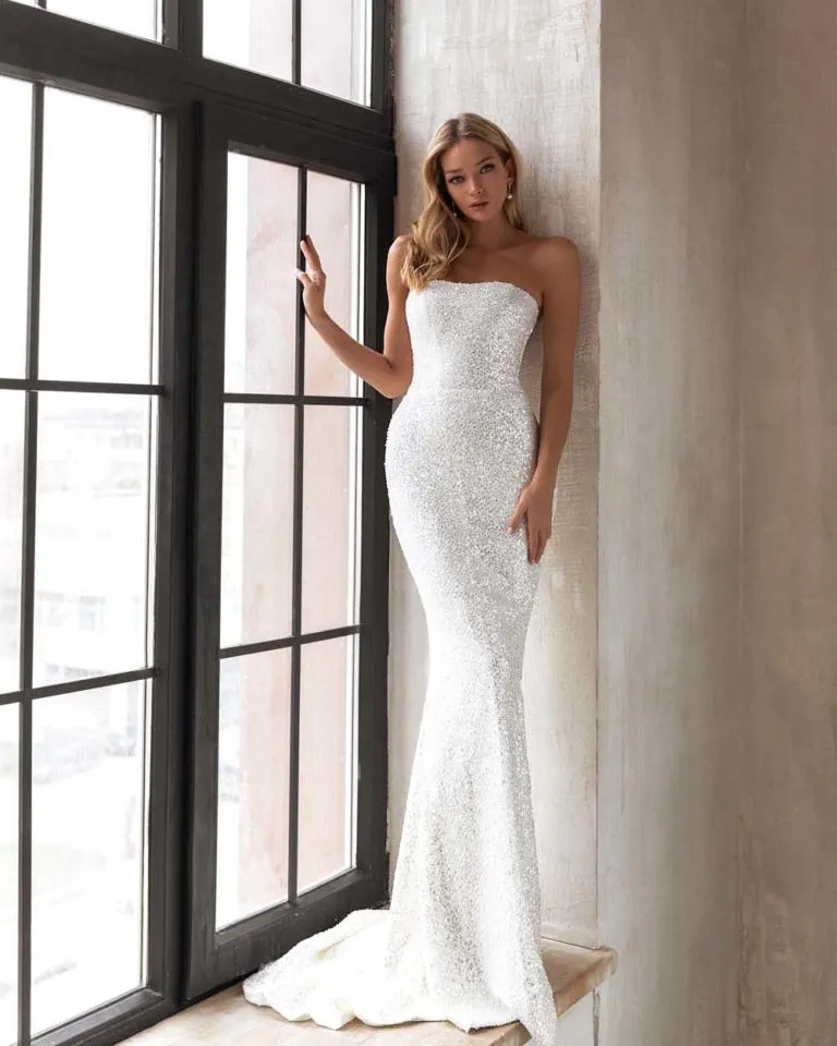 Sexy Sequined Prom Dresses Mermaid Silhouette Strapless Long Trumpet Prom Gowns Formal Dress