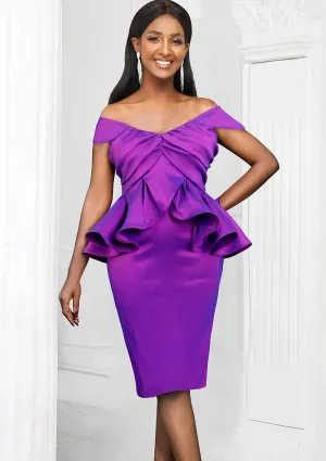 Shimmering Off-Shoulder Ruffled Peplum Satin Dress