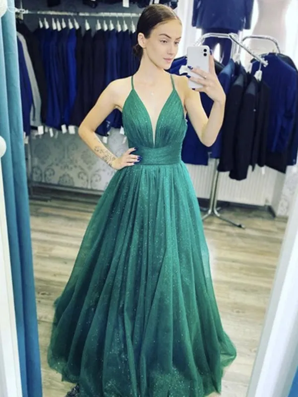 Shiny V Neck Dark Green Long Prom, Dark Green Formal Graduation Evening