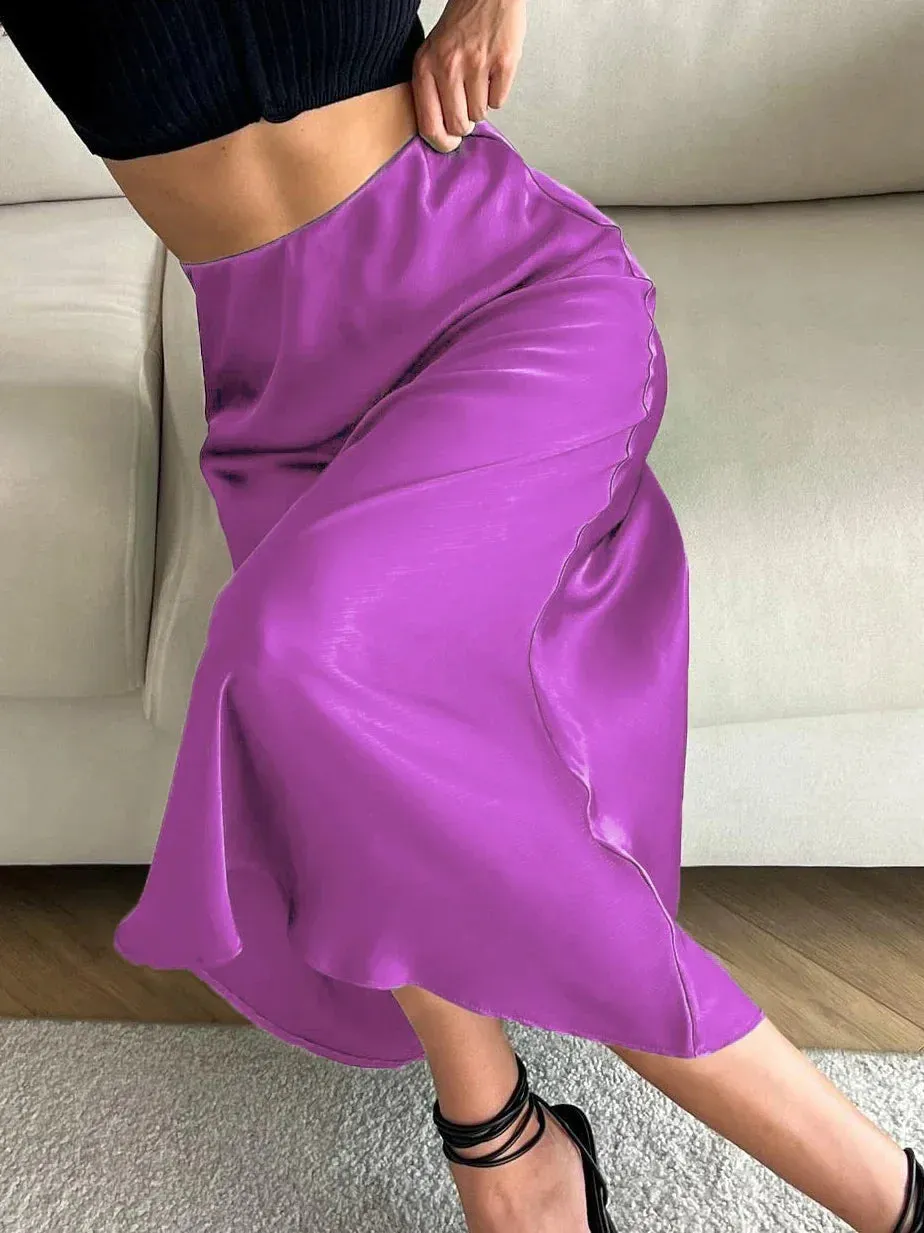 Silk Satin Skirts for Women High Waisted Skirt Women A-Line Elegant Skirts Summer Pink Midi Skirt