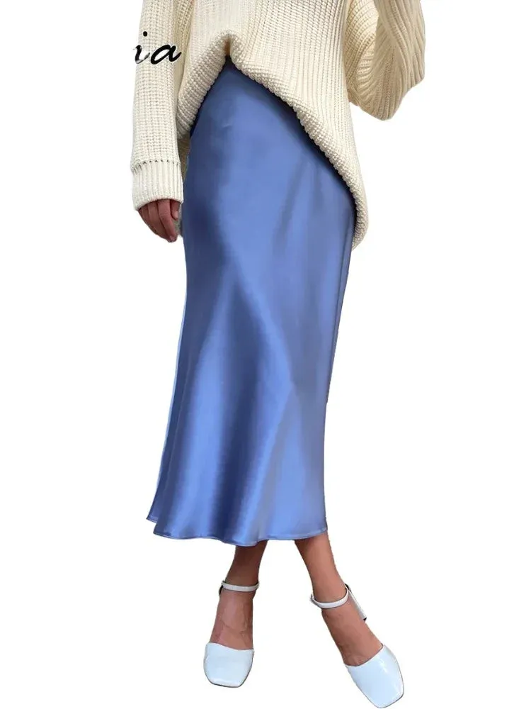 Silk Satin Skirts for Women High Waisted Skirt Women A-Line Elegant Skirts Summer Pink Midi Skirt