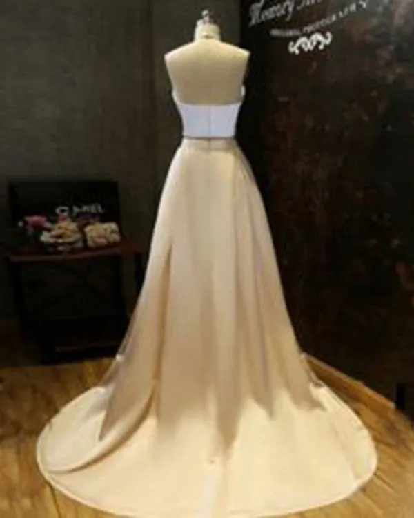 Simple Two Pieces Prom Dresses White Gold Satin Ruffles Long Party Gowns 2018
