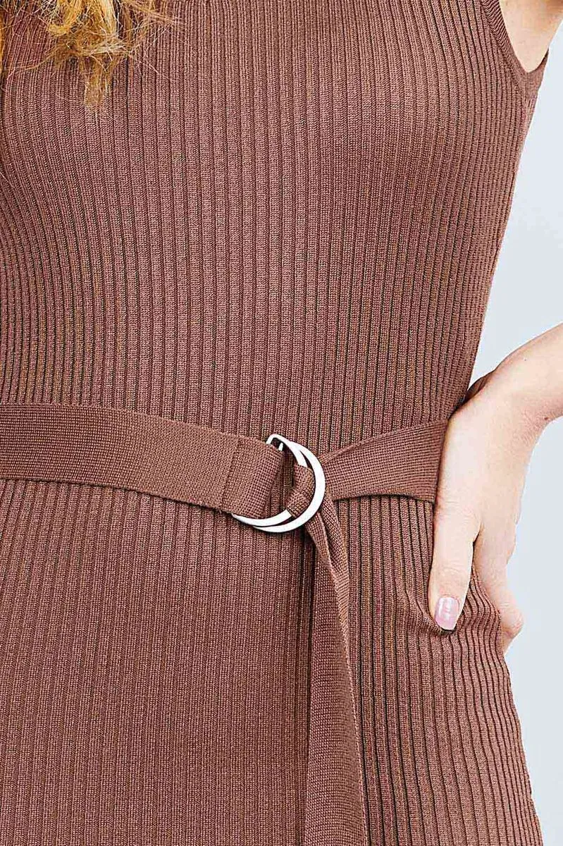Sleeveless Double Scoop Neck W/belt Rib Sweater Mini Dress