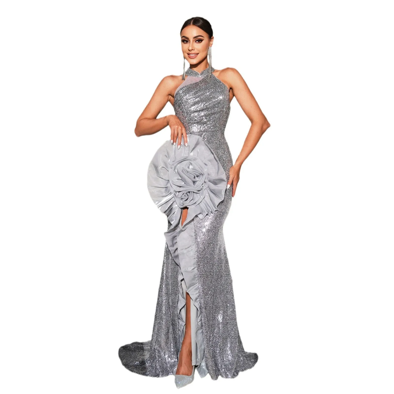 Sleeveless Off-the-shoulder Sequined High-slit Dress