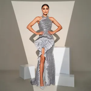 Sleeveless Off-the-shoulder Sequined High-slit Dress