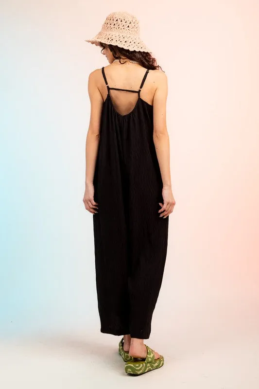 Sleeveless Pleated Wide Leg Jumpsuit w/ pockets