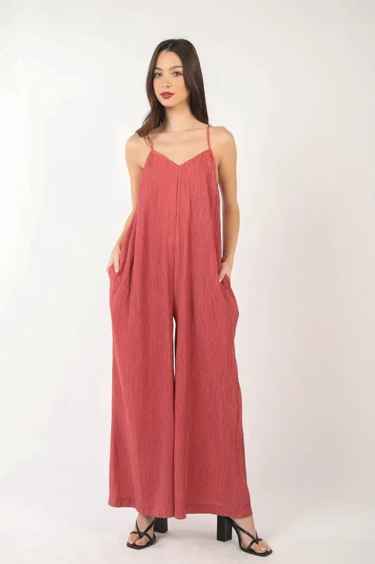 Sleeveless Pleated Wide Leg Jumpsuit w/ pockets