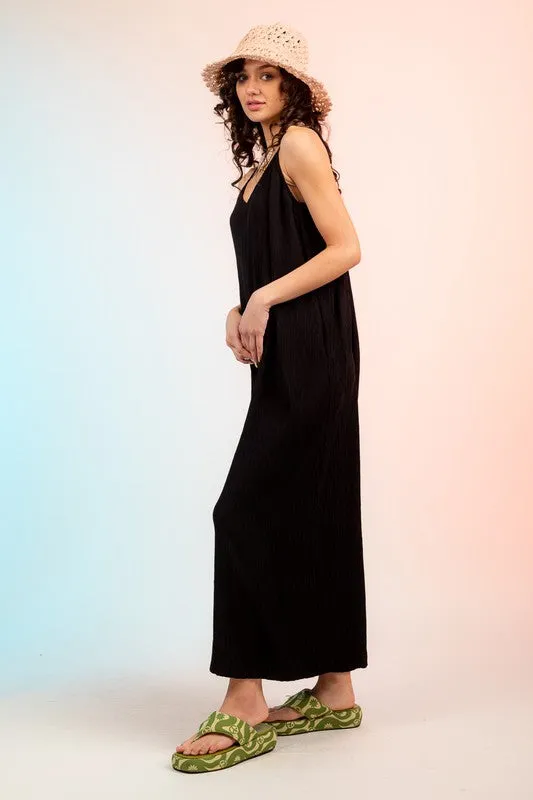 Sleeveless Pleated Wide Leg Jumpsuit w/ pockets